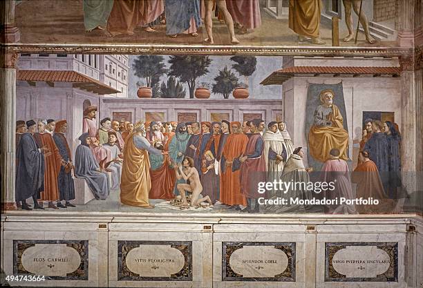 Raising of the Son of Theophilus and Saint Peter Enthroned , by Masaccio and Filippino Lippi, 1427-1485, 15th Century, fresco, 230 x 599 cm Italy,...