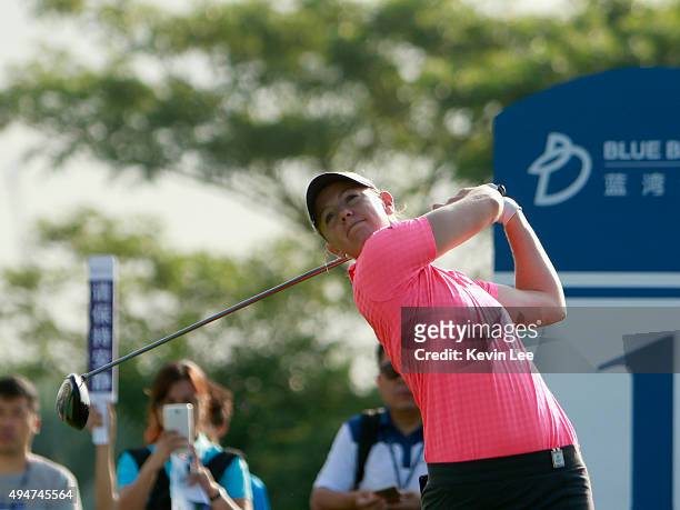Amy Anderson of the U.S. Tee off on athe first hole during round 1 on Day 4 of Blue Bay LPGA 2015 at Jian Lake Blue Bay golf course on October 29,...