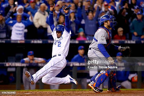 Alcides Escobar of the Kansas City Royals scores a run on a two-run RBI single hit by Eric Hosmer of the Kansas City Royals in the fifth inning...