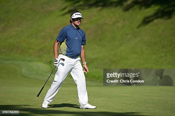 Bubba Watson plays from the 15th fairway during the second round of the Memorial Tournament presented by Nationwide Insurance at Muirfield Village...