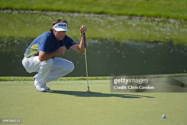 Bubba Watson lines up a putt on the 16th green during the second round of the Memorial Tournament presented by Nationwide Insurance at Muirfield...