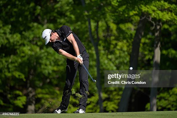 Keegan Bradley plays from the 15th fairway during the second round of the Memorial Tournament presented by Nationwide Insurance at Muirfield Village...