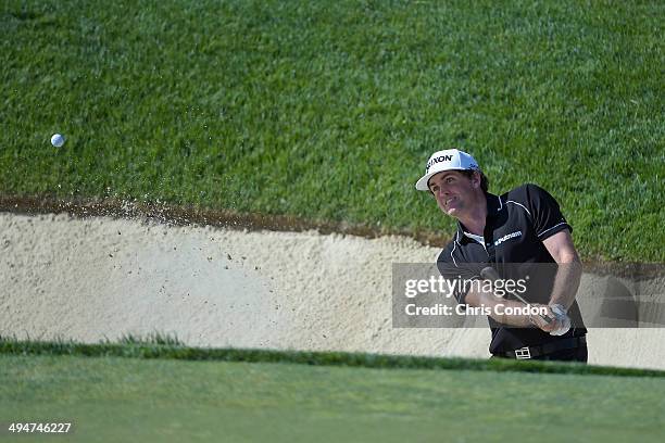 Keegan Bradley plays from a bunker on the 15th hole during the second round of the Memorial Tournament presented by Nationwide Insurance at Muirfield...