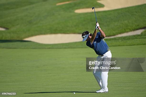 Bubba Watson hits his second shot on the 18th hole during the second round of the Memorial Tournament presented by Nationwide Insurance at Muirfield...