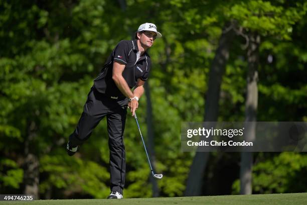 Keegan Bradley plays from the 15th fairway during the second round of the Memorial Tournament presented by Nationwide Insurance at Muirfield Village...