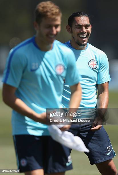 David Williams of the City reacts during the Melbourne City FC A-League training session at La Trobe University Sports Fields on October 29, 2015 in...