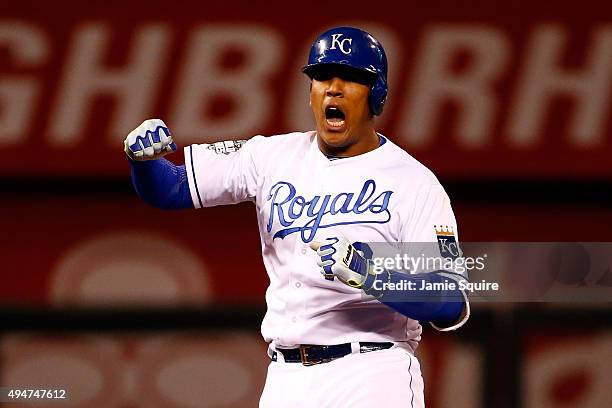 Salvador Perez of the Kansas City Royals reacts in the eighth inning against the New York Mets in Game Two of the 2015 World Series at Kauffman...