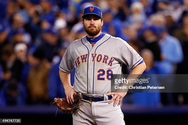 Daniel Murphy of the New York Mets reacts in the eighth inning against the Kansas City Royals in Game Two of the 2015 World Series at Kauffman...