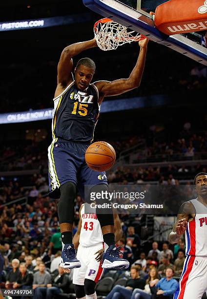 Derrick Favors of the Utah Jazz gets in for a second half dunk while playing the Detroit Pistons at the Palace of Auburn Hills on October 28, 2015 in...