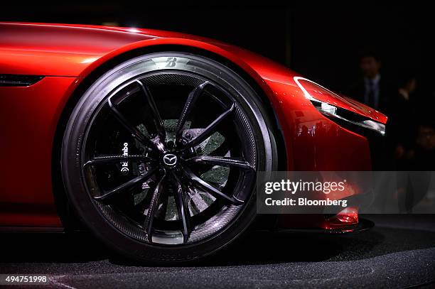 The hubcap of the Mazda Motor Corp. RX-Vision concept vehicle is seen at the Tokyo Motor Show in Tokyo, Japan, on Wednesday, Oct. 28, 2015. Toyota...