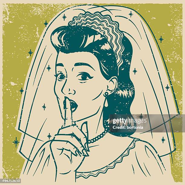 vintage retro bride making 'shhh' gesture line art icon - shh icon stock illustrations