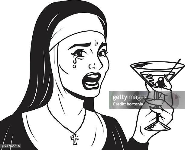 vintage retro crying nun drinking martini line art icon - nun stock illustrations