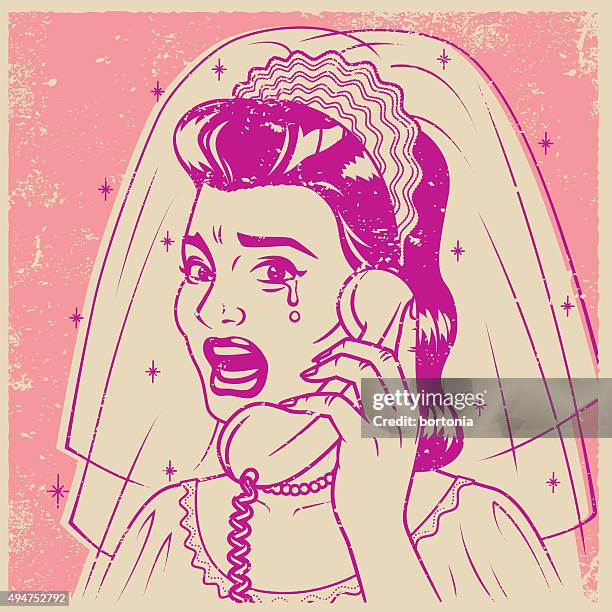 vintage retro crying bride on the phone line art icon - crying bride stock illustrations