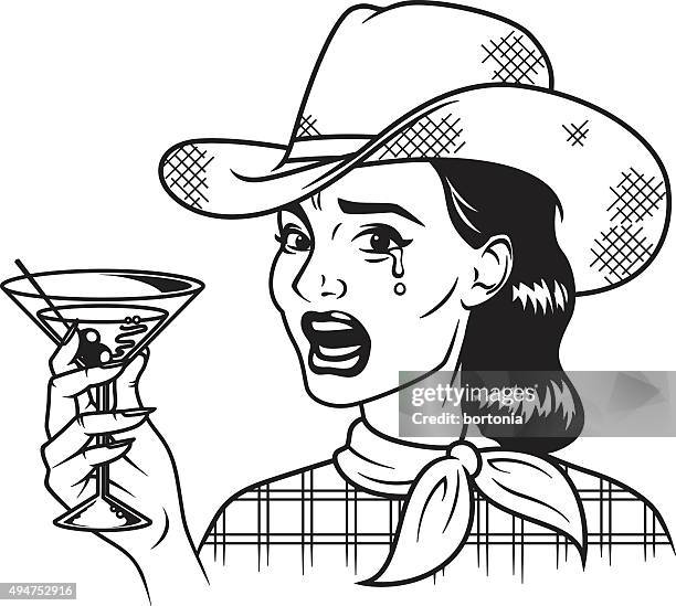 vintage retro crying cowgirl drinking martini line art icon - angry woman vintage stock illustrations