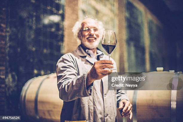 senior homme avec barbe tenant un verre de vin rouge - cave vin photos et images de collection
