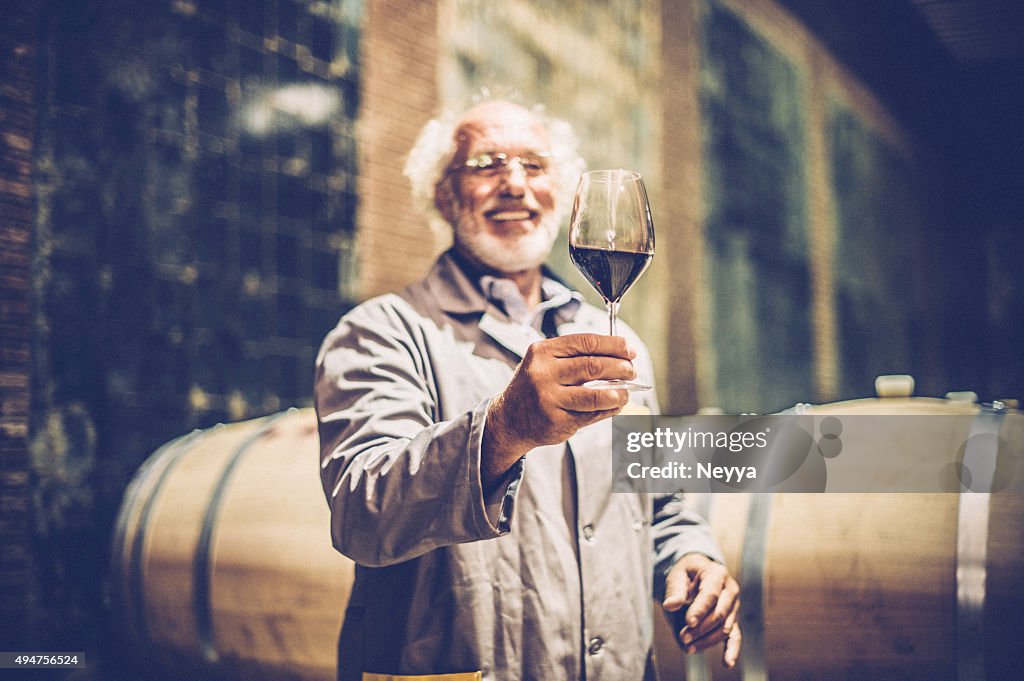 Senior Man with Beard Holding Glass of Red Wine