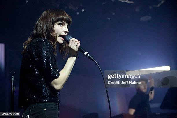Singer Lauren Mayberry and keyboardist Martin Doherty of Chvrches perform at The Fillmore Charlotte on October 28, 2015 in Charlotte, North Carolina.