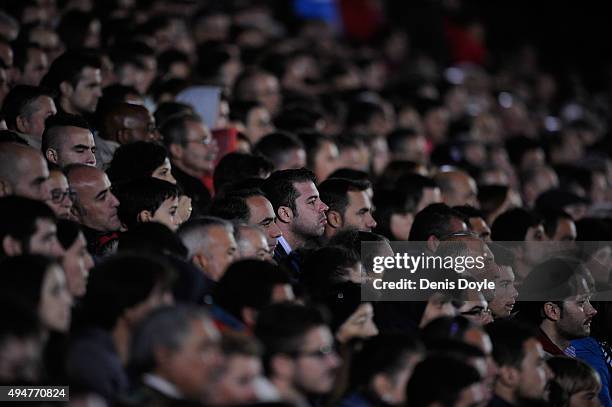 Fans watch the Copa del Rey Last of 16 First Leg match between C.F. Villanovense and F.C. Barcelona at estadio Romero Cuerda on October 28, 2015 in...