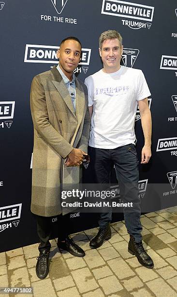 Reggie Yates and Nick Bloor attend the Global Triumph Bonneville launch on October 28, 2015 in London, England.