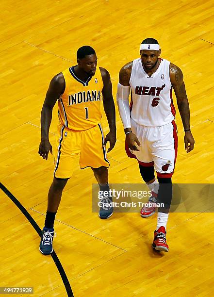 LeBron James of the Miami Heat and Lance Stephenson of the Indiana Pacers match up during Game Six of the Eastern Conference Finals of the 2014 NBA...