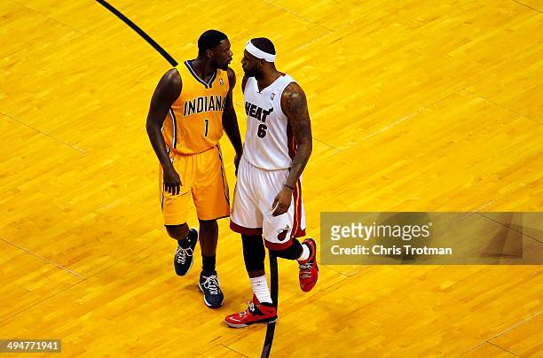 LeBron James of the Miami Heat and Lance Stephenson of the Indiana Pacers match up during Game Six of the Eastern Conference Finals of the 2014 NBA...