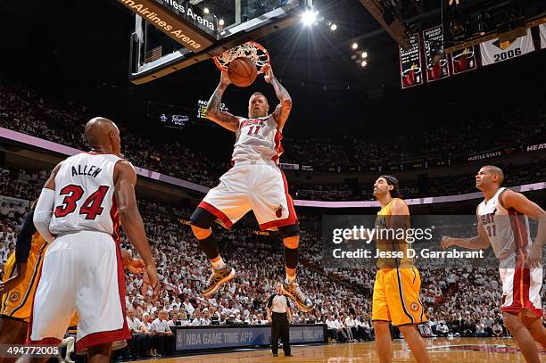 Chris Andersen of the Miami Heat dunks the ball against the Indiana Pacers in Game Six of the Eastern Conference Finals during the 2014 NBA Playoffs...