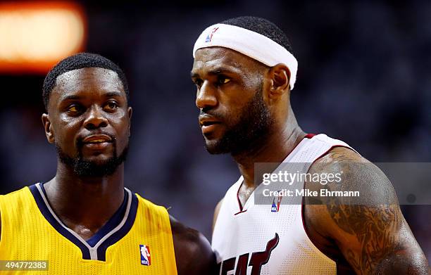 LeBron James of the Miami Heat and Lance Stephenson of the Indiana Pacers match up during Game Six of the Eastern Conference Finals of the 2014 NBA...
