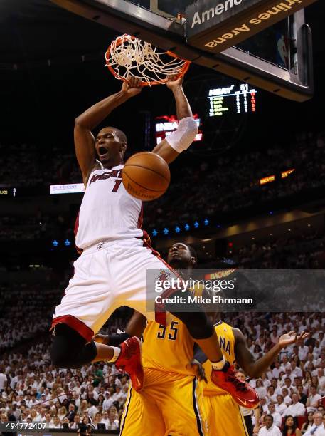 Chris Bosh of the Miami Heat dunks against the Indiana Pacers during Game Six of the Eastern Conference Finals of the 2014 NBA Playoffs at American...