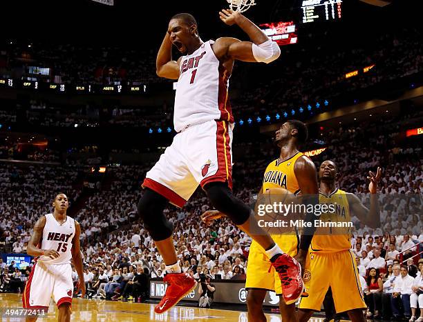 Chris Bosh of the Miami Heat dunks against the Indiana Pacers during Game Six of the Eastern Conference Finals of the 2014 NBA Playoffs at American...