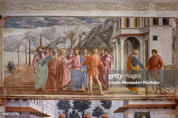 Tribute Money , by Masaccio, 1425-1427, 15th Century, fresco, 255 x 598 cm Italy, Tuscany, Florence, Church of Santa Maria del Carmine, Brancacci...