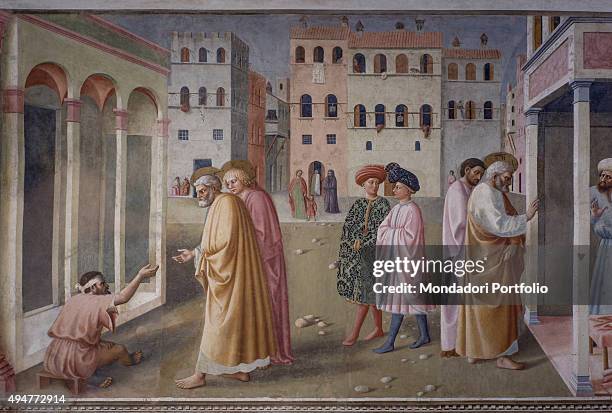 Healing of the Crippled Man and Raising of Tabitha , by Masolino da Panicale, 1424-1425, 15th Century, fresco, 260 x 599 cm Italy, Tuscany, Florence,...