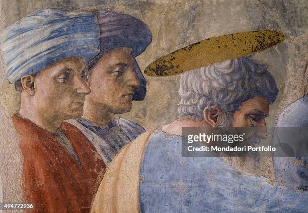 Baptism of the Neophytes , by Masaccio, 1425-1426, 15th Century, fresco, 255 x 162 cm Italy, Tuscany, Florence, Church of Santa Maria del Carmine,...