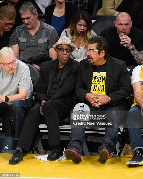 Arsenio Hall and George Lopez attend a basketball game between the Minnesota Timberwolves and the Los Angeles Lakers at Staples Center on October 28,...