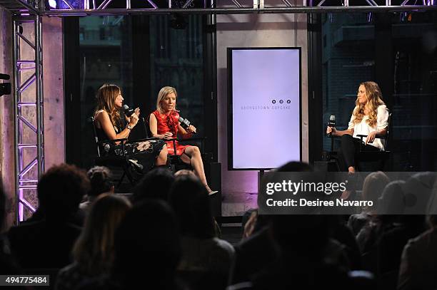 Katherine Kallinis, Sophie LaMontagne and moderator Abby Larson attend AOL BUILD Presents: Georgetown Cupcakes at AOL Studios In New York on October...