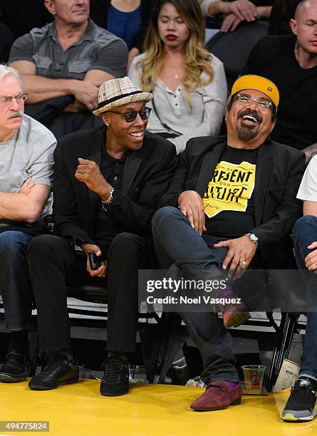 Arsenio Hall and George Lopez attend a basketball game between the Minnesota Timberwolves and the Los Angeles Lakers at Staples Center on October 28,...