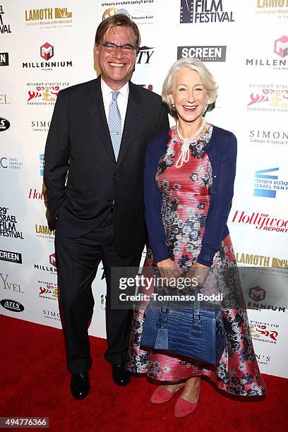 Honorees Aaron Sorkin and Helen Mirren attend the 29th Israel Film Festival opening night gala in Los Angeles held at the Saban Theatre on October...