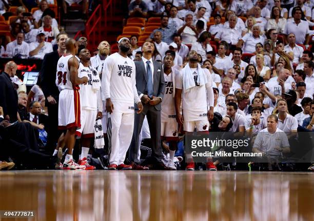 The Miami Heat look at the scoreboard in the closing minutes against the Indiana Pacers during Game Six of the Eastern Conference Finals of the 2014...