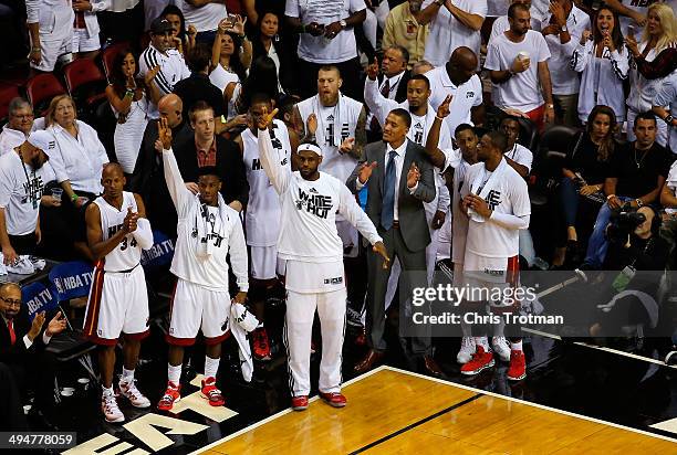 LeBron James of the Miami Heat celebrates against the Indiana Pacers during Game Six of the Eastern Conference Finals of the 2014 NBA Playoffs at...