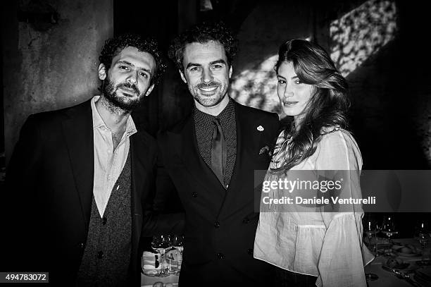 Romeo Ruffini, Giacomo Passi and Allegra Benini attend Muse The Travel Issue Dinner at Segheria Di Carlo E Camilla on October 28, 2015 in Milan,...