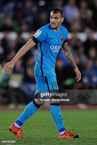 Sandro Ramirez of FC Barcelona reacts during the Copa del Rey Last of 16 First Leg match between C.F. Villanovense and F.C. Barcelona at estadio...