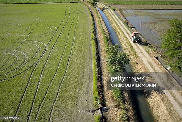 An aerial view shows a rice farmer riding his tractor in the middle of immerged plantations of rice near Vercelli, northern Italy, on May 22, 2014....