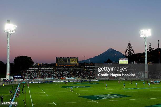 General view of Yarrow Stadium amd Mt Taranaki during the round 16 Super Rugby match between the Chiefs and the Waratahs at Yarrow Stadium on May 31,...