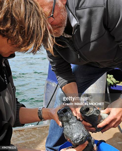 Olivia Hulot , of the French Culture Ministry's underwater archaeology department DRASSM and Jean-Michel Keroulle of the Breton department Morbihan...
