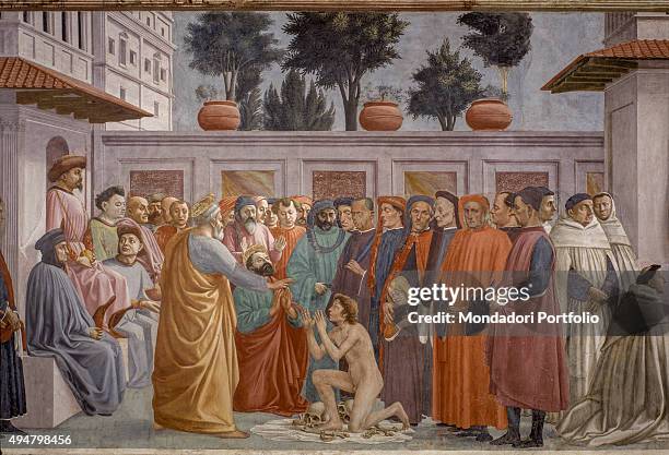 Raising of the Son of Theophilus and Saint Peter Enthroned , by Masaccio and Filippino Lippi, 1427-1485, 15th Century, fresco, 230 x 599 cm Italy,...