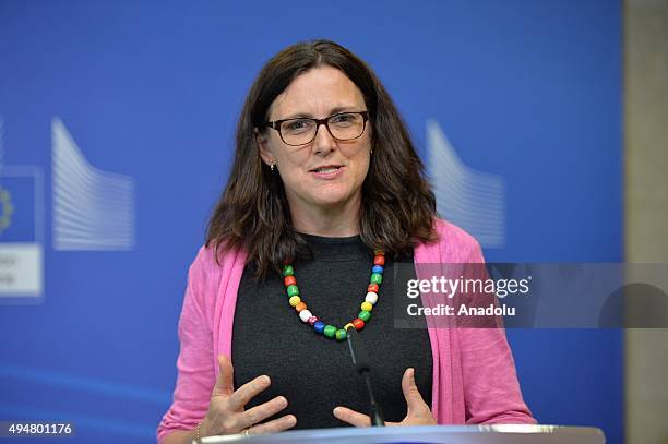 European Trade Commissioner Cecilia Malmstrom speaks during a joint press conference with New Zealand's Prime Minister John Key , European Commission...