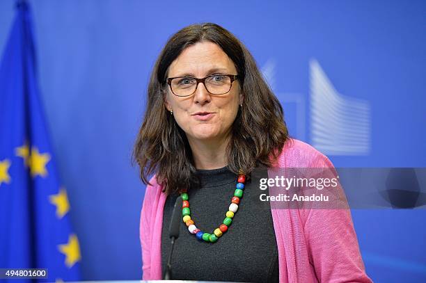 European Trade Commissioner Cecilia Malmstrom speaks during a joint press conference with New Zealand's Prime Minister John Key , European Commission...