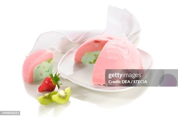 Bombe glacee, strawberry and kiwi semifreddo.