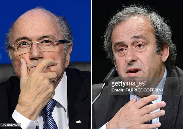 This combination made on October 29, 2015 shows a picture of FIFA president Sepp Blatter taken on July 20, 2015 in Zurich and a picture of UEFA...