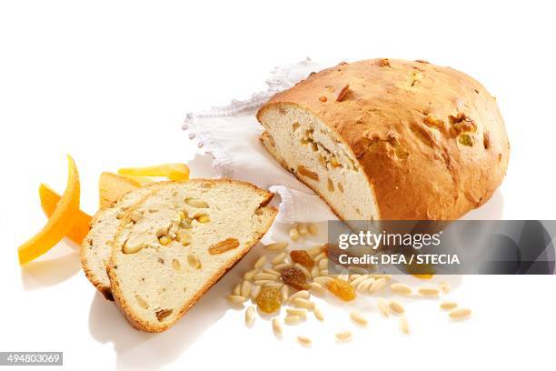 Pandolce with raisins, pine nuts and candied peel, Genoa, Italy.