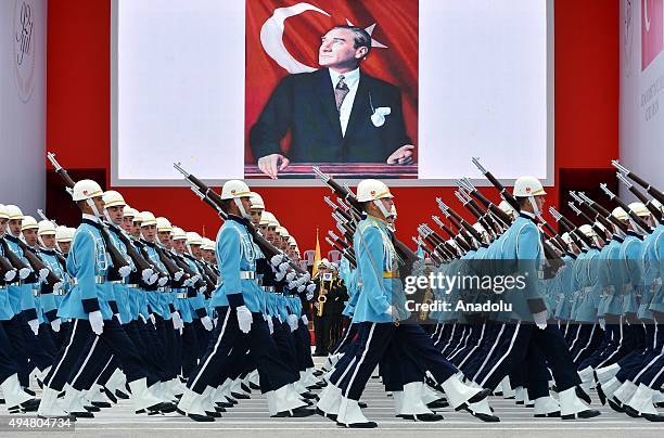 Turkish soldiers take part in a parade during a ceremony marking the 92nd anniversary of Republic Day on October 29, 2015 at the Ataturk Cultural...